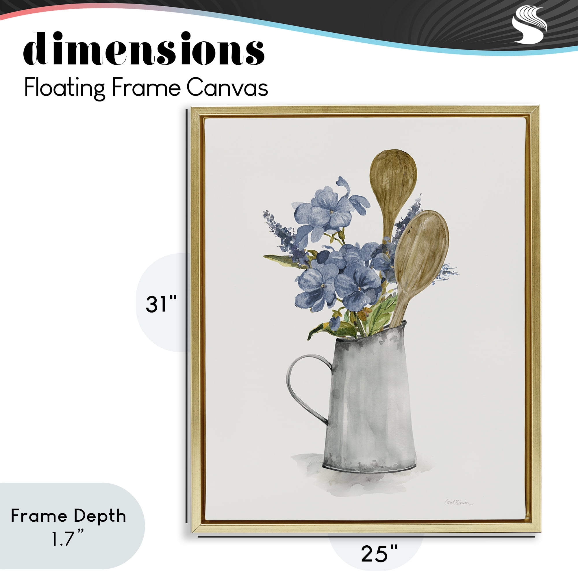 Stupell Industries Kitchen Spoons & Blue Blooms Gold Framed Floater Canvas Wall Art, design by Carol Robinson