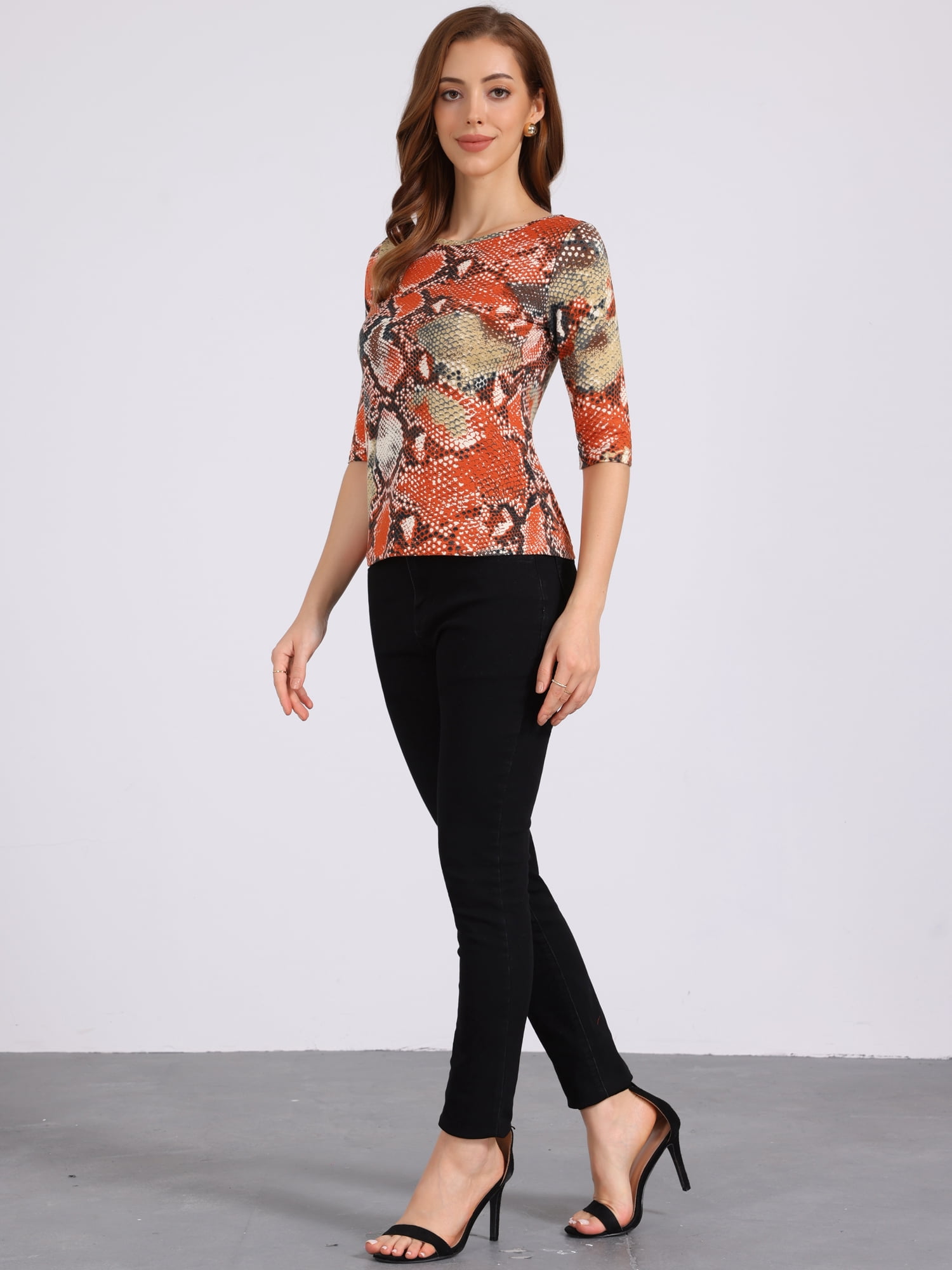 DARING DIVA Women's Elbow Sleeves Round Neck Slim Basic Printed T-Shirt S Multicolor-Snake