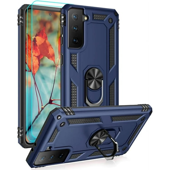 REQO for Samsung Galaxy S21 FE 5G Case with HD Screen Protectors, Military-Grade Metal Ring Holder Kickstand 15ft Drop Tested Shockproof Cover Case for Samsung Galaxy S21 FE Blue