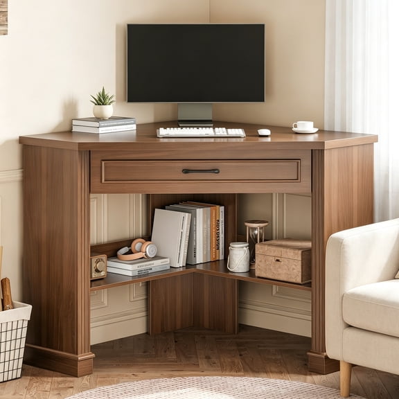 Corner Desk for Small Space, Corner Computer Desk, Small Computer Desk with Drawers and Storage Shelves for Home Office, Living Room, Bedroom, Brown
