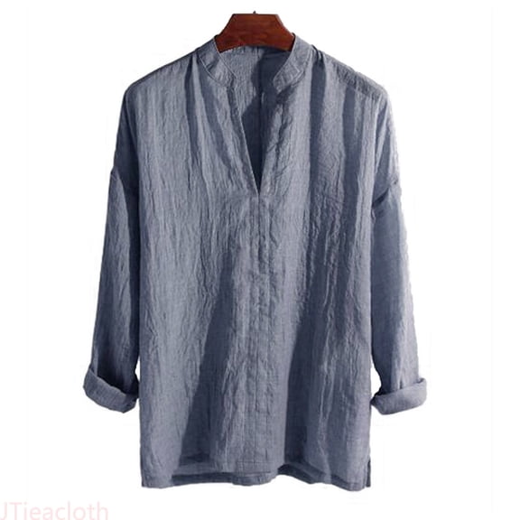 JTieacloth Men's Casal Cotton And Linen Hemp Long Blouse Top Button Up Dress Shirt Blue
