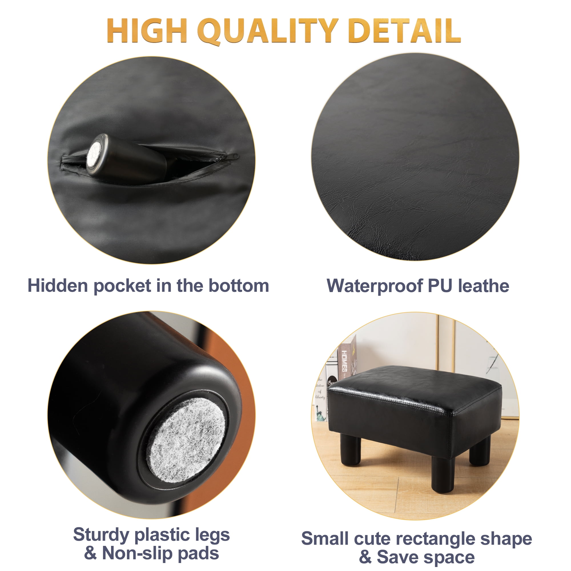 Dycanpo Small Rectangle Foot Stool Footrest Ottoman Stool with Faux Leather for Living Room, Black