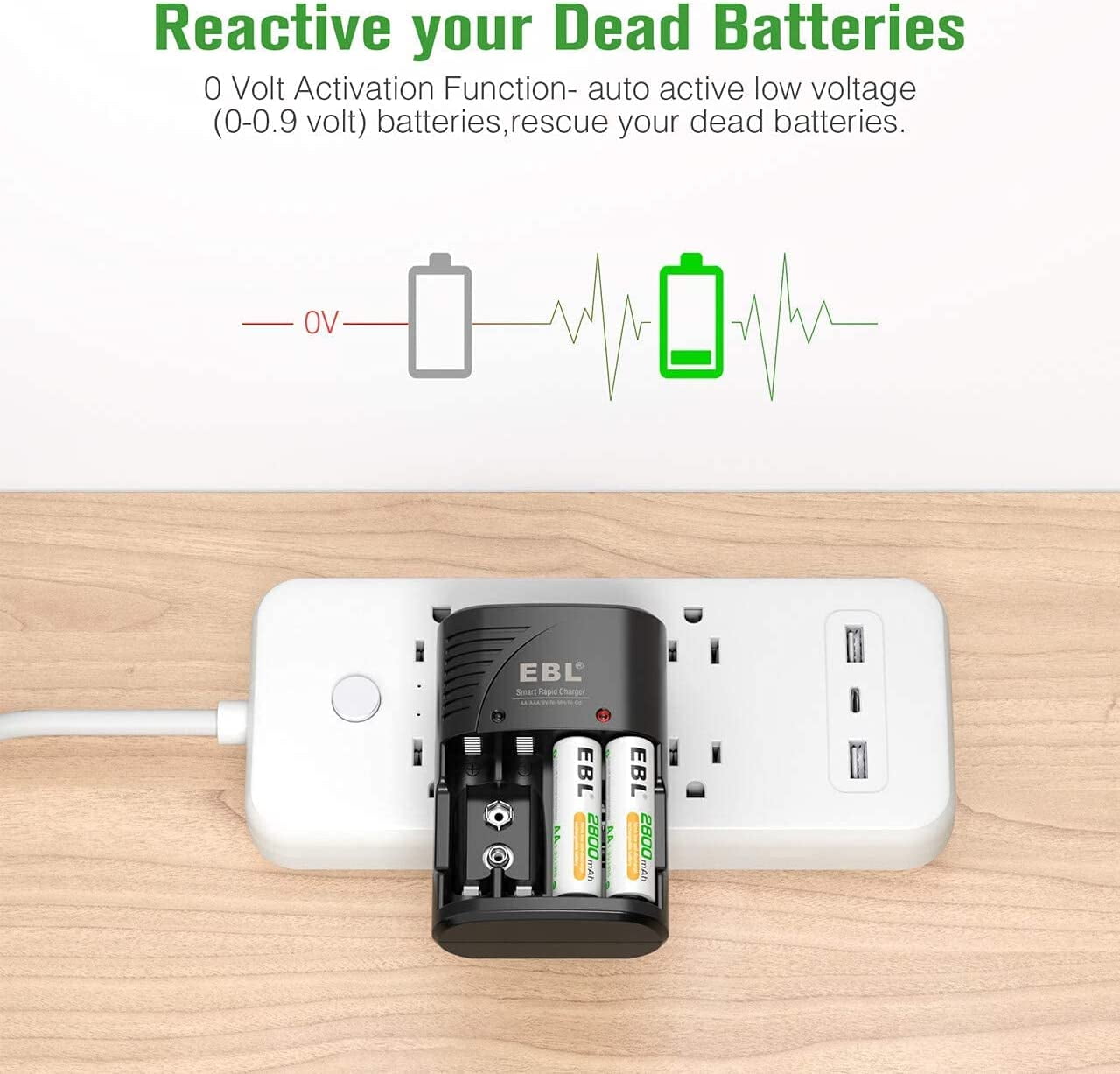 EBL Rechargeable AA Batteries 2300mAh (8 Pack) with Charger, Built-in Foldable Wall Plug, Automatic Power-Off Smart Battery Charger for AA AAA (NiMH) 9V Batteries