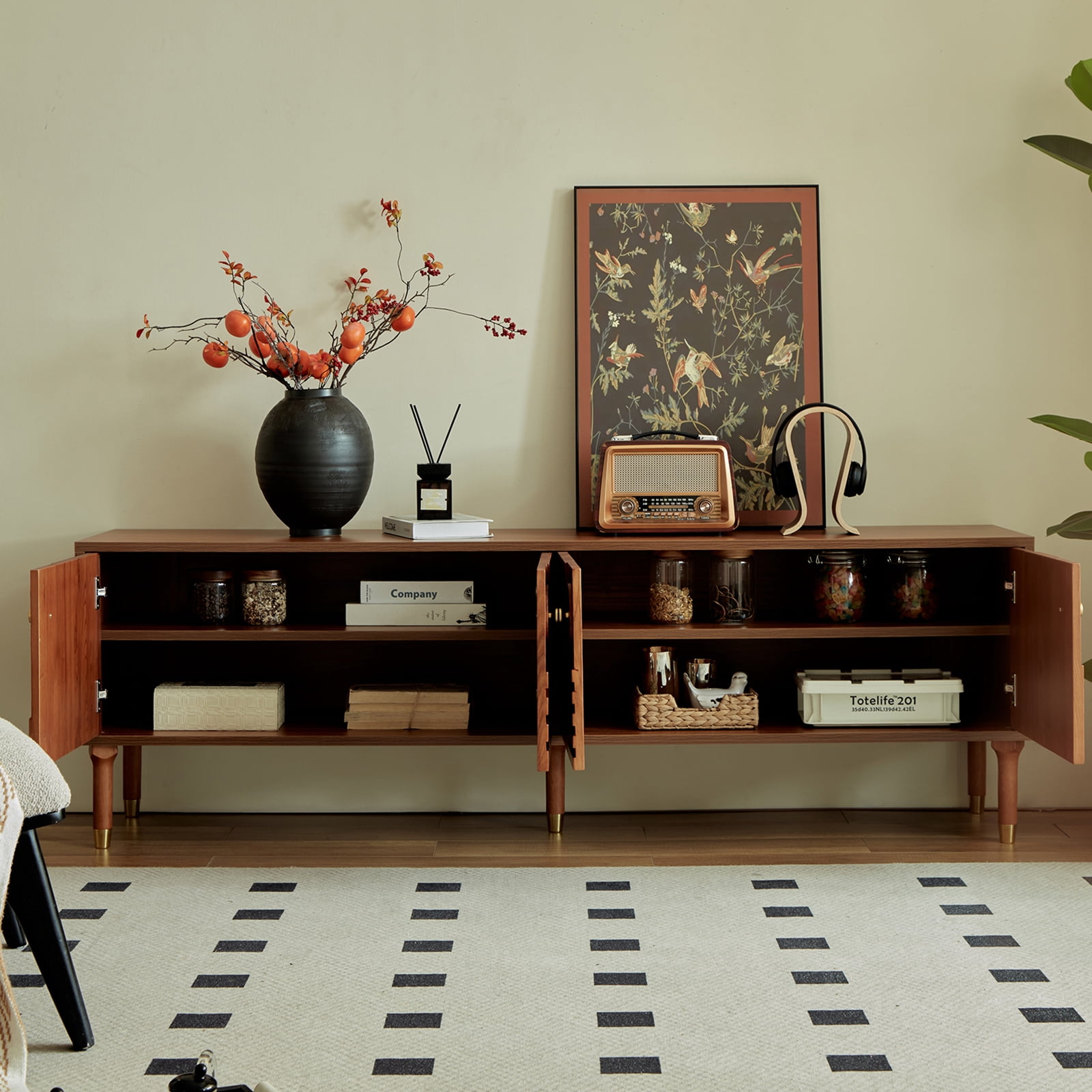 siu want Modern TV Stand for 75 inch TV, 66.9" Retro Media Console with Carved Geometric Doors & 4 Cabinets, Walnut Entertainment Center​