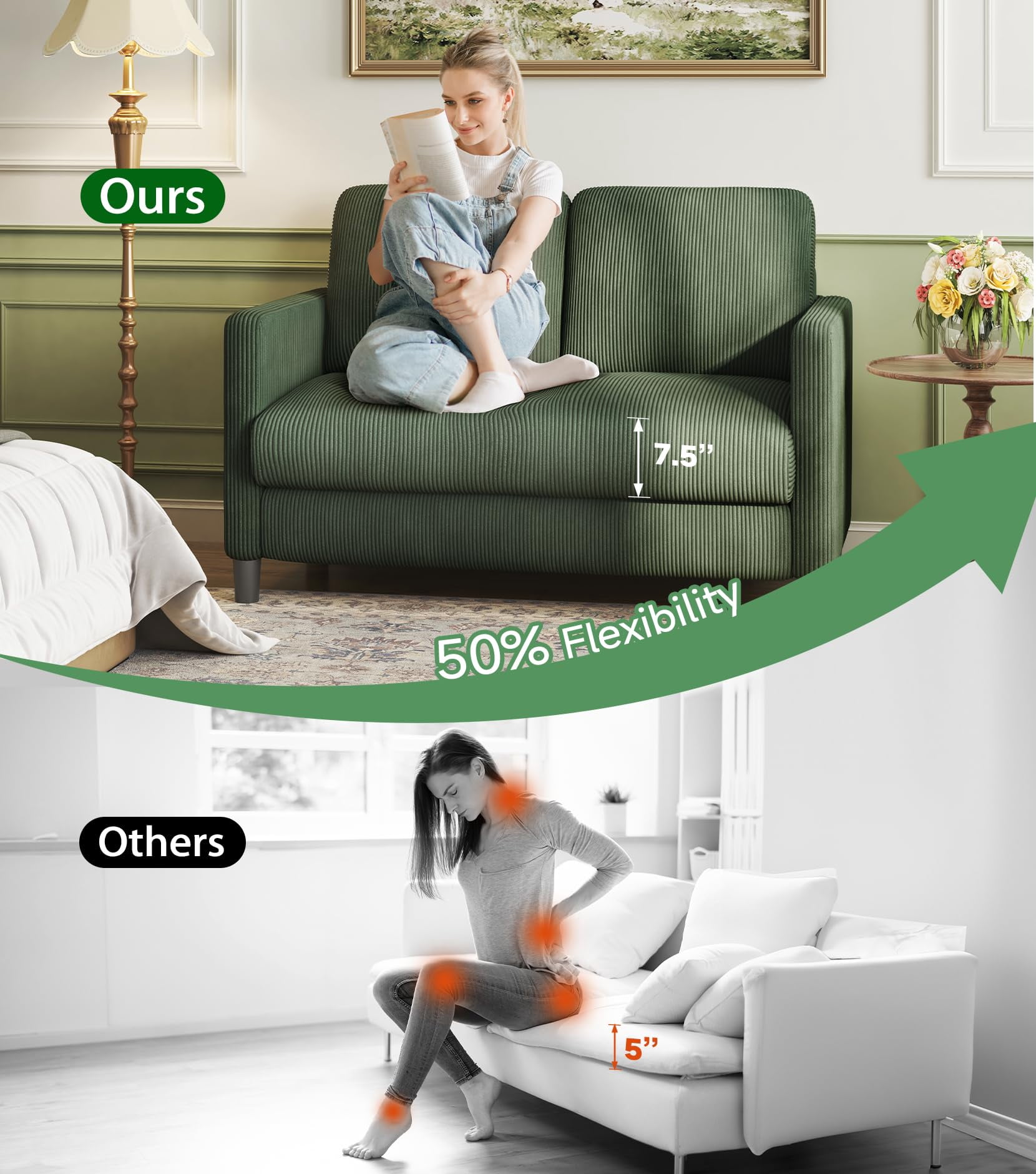 Welzona 51" Corduroy Loveseat Sofa, Small 2-Seater Couch for Small Spaces, Tool-Free Assembly,Green