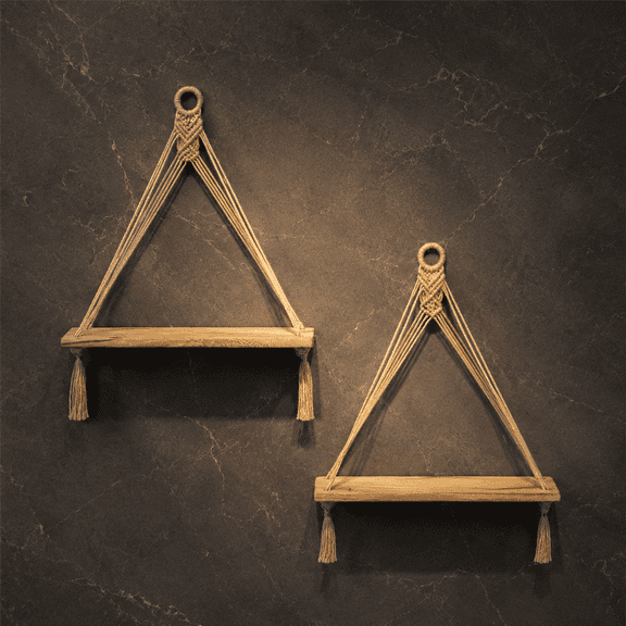 Brown 2 Pack Floating Paulownia Wood Wall Shelves with Tassels for Storage and Decor