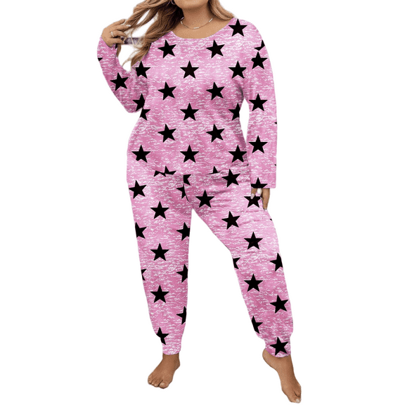 Musefolio Women Plus Size Casual 2 Piece Outfit Set Long Sleeve Pajama Set Loungewear Pullover Round Neck Autumn And Winter Set 1X-5X