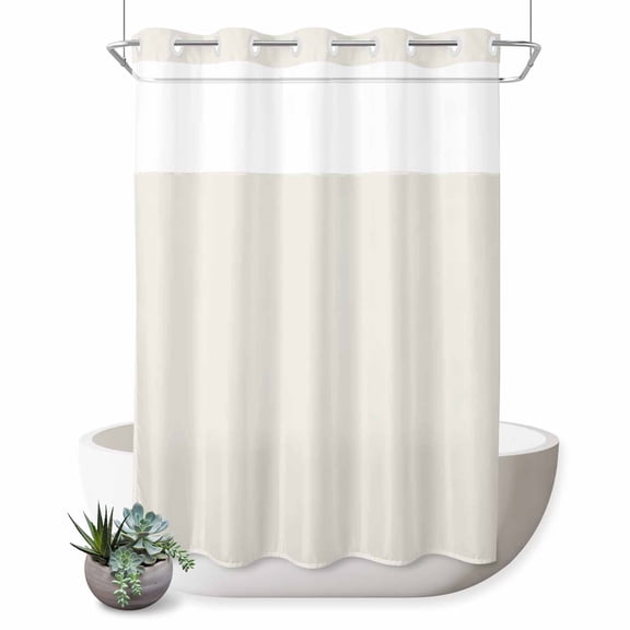 Solid Color No Hook Shower Curtain Beige Shower Curtain with See Through Top Window, Waterproof Washable Fabric Curtain for Bathroom Hotel Decor, 72Wx84L