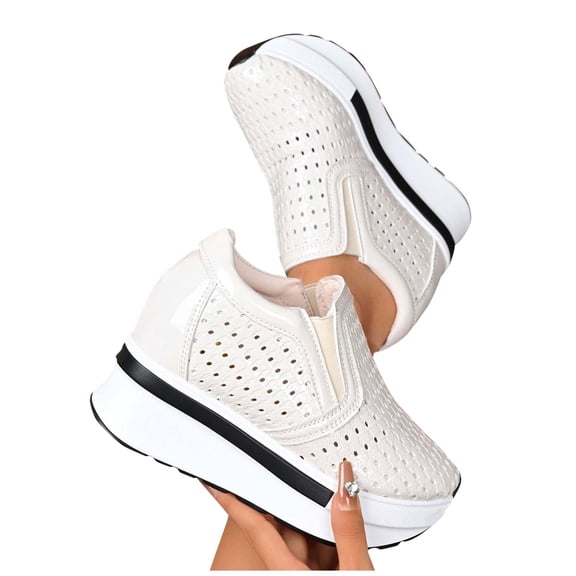 RUIYANQI Women's Perforated Platform Sneakers Slip On Design Wedge Heel Footwear Breathable Casual Shoes Trendy Fashion Disco Party Shoes Beige Women Sandals