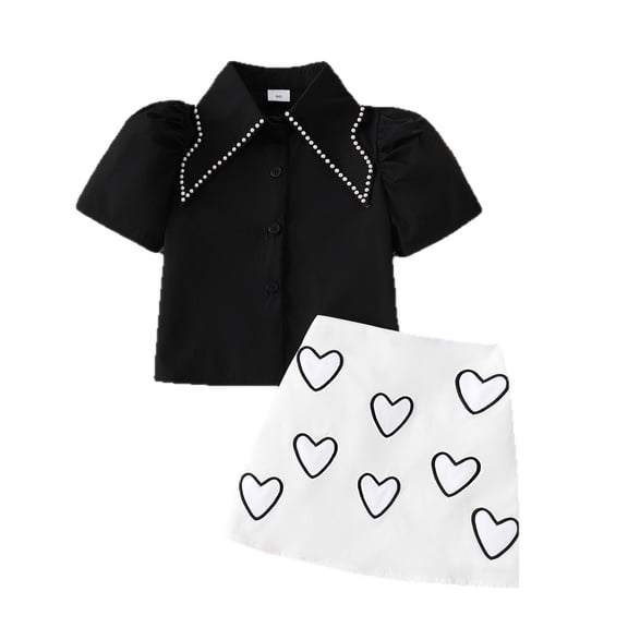 HAYIMI Toddler Girl Pearl Collar Heart Embroidery Skirt Outfit Sets For Kids Cozy Clothes Sets