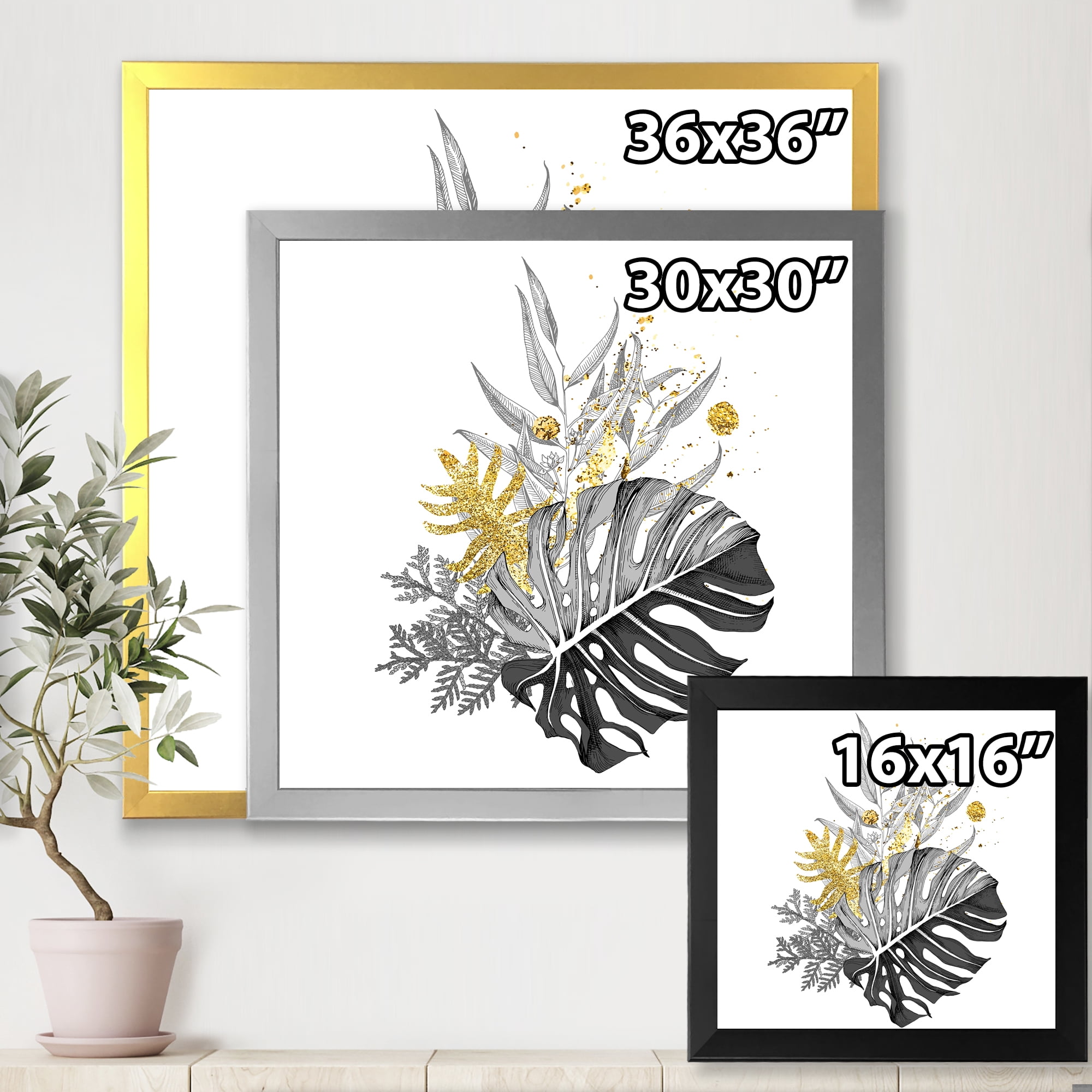 Designart 'Bouquet With Golden Tropical Leaves and Monochrome' Tropical Framed Art Print