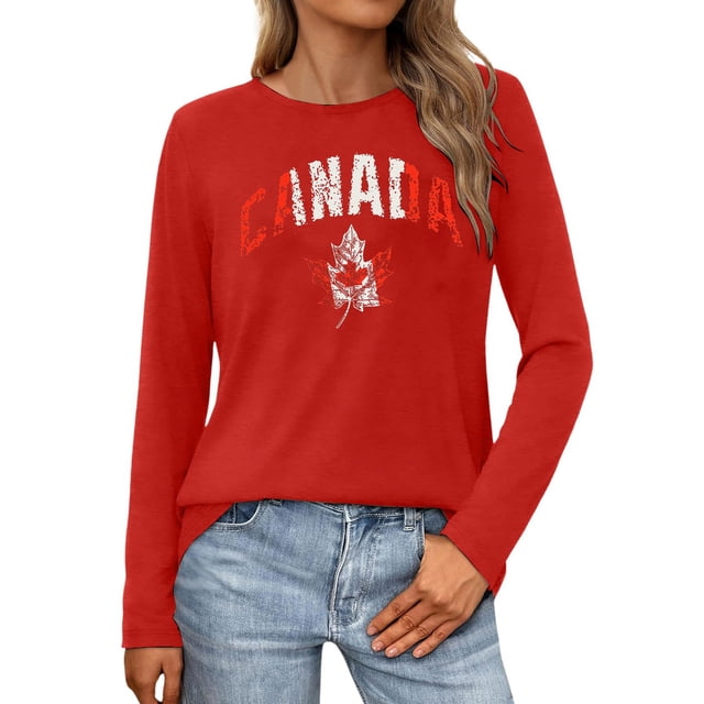 MHFRRA Camiseta de Manga Larga para Mujer con La Bandera del Día de Canadá y La Hoja de Arce Canadiense. Rojo