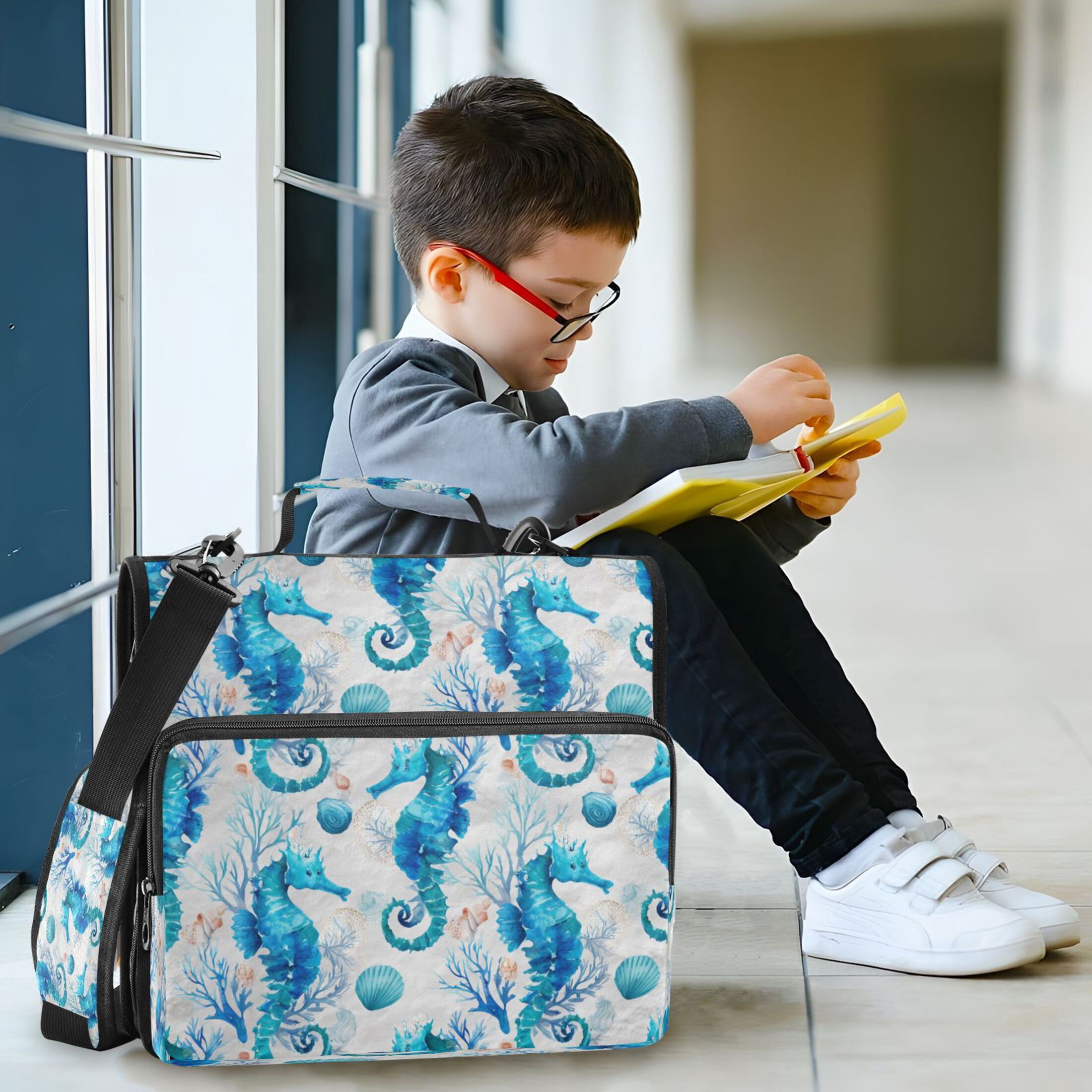 3 Ring Zipper Binder Stationery Organizer for Study Work Home Travel, All-Purpose File Folder Storage Bag for Daily Document Organization Watercolor Blue Seahorse Pattern