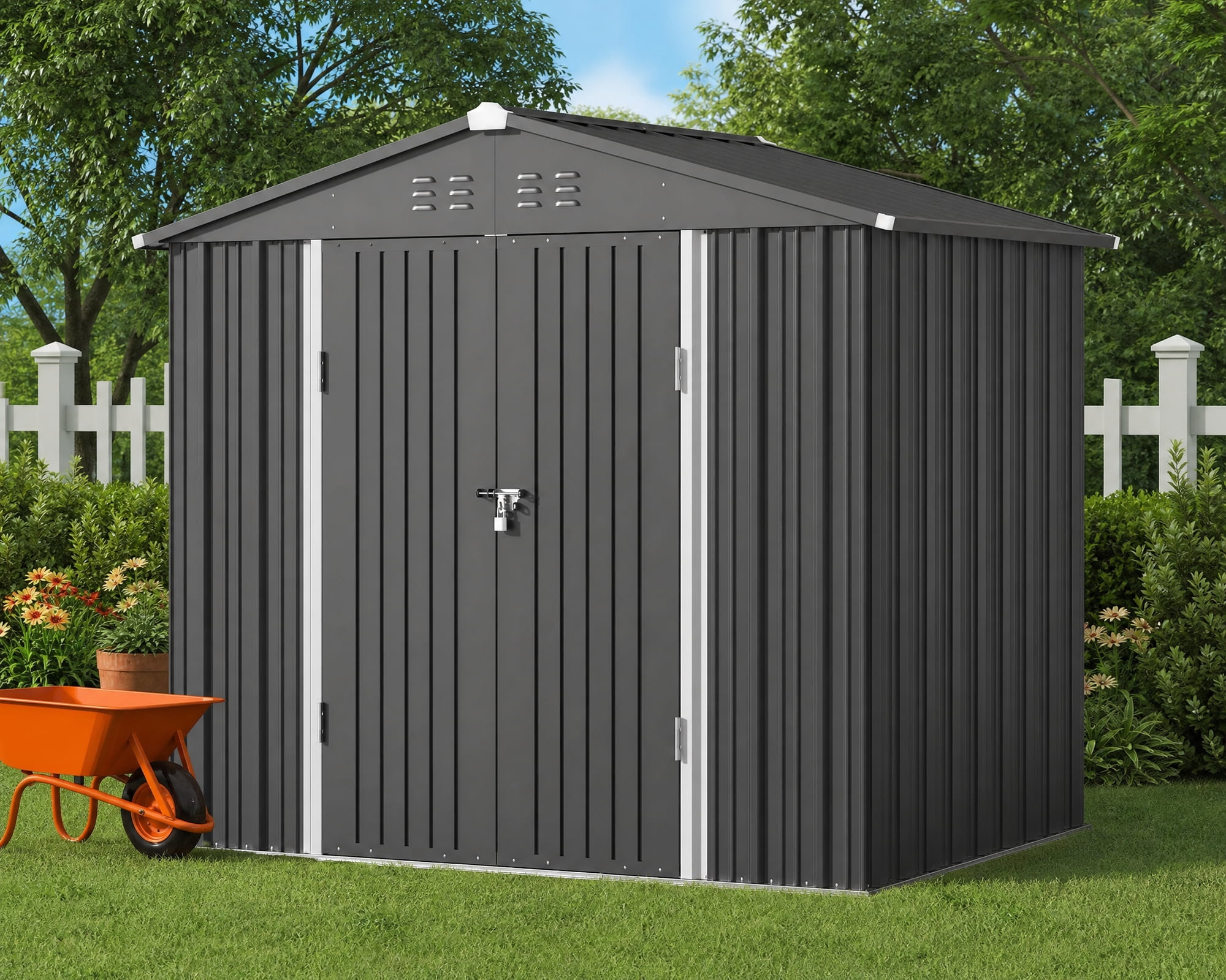Asofer 8×6 FT Galvanized Metal Storage Shed, Lockable Double Door, Weatherproof Outdoor Garden Shed, Dark Grey
