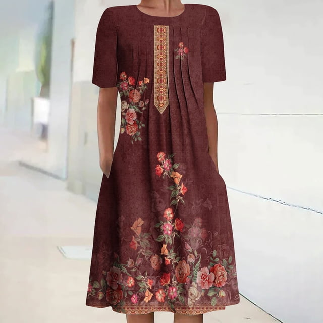 Robes Maxi pour Femmes 2023 Décontractées Robe d'Été Bohème à Manches Courtes Imprimée Robe de Plage Longueur Genou Robe à Manches Courtes en Liquidation