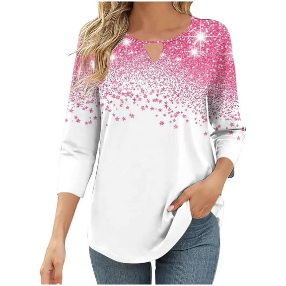 CYMMPU 3/4 Sleeve Blouses for Women Dressy Casual Tunic Tops Loose Fit Spring Tops Flower Pattern Summer Trendy Shirts Crew Neck Lightweight Basic Tees Pink S