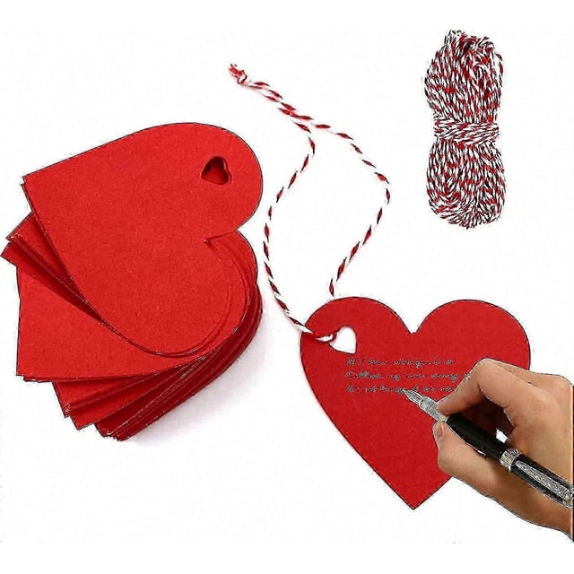 100 Red Heart Kraft Paper Gift Tags with 10m Red-White Hemp Rope - Bulk 100pcs