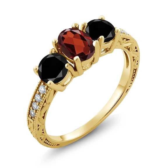 Gem Stone King 2.09 Ct Oval Red Garnet Black Diamond 18K Yellow Gold Plated Silver Moissanite Ring (Size 7)