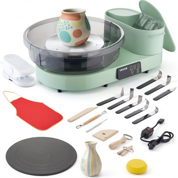 VEVOR Pottery Wheel for Adults, 14" and 11" Turntables, 450W Electric Table Top Pottery Wheel with Foot Pedal, 30-300 RPM Adjustable Speed, Aluminum Body, for Beginners, DIY Clay Art Craft, Green