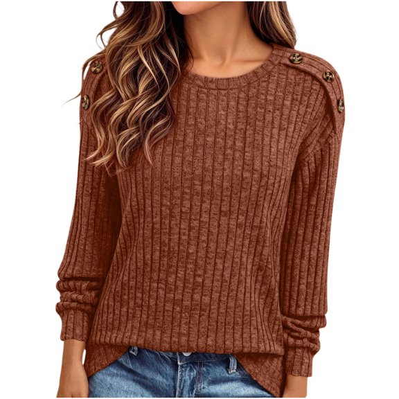 Yeaiivve Womens Long Sleeve Ribbed Knit Blouse Crew Neck Button Shoulder Pullover Sweaters Dressy Business Work Knitted Shirts 2026 Fall Fashion Clothes M Orange
