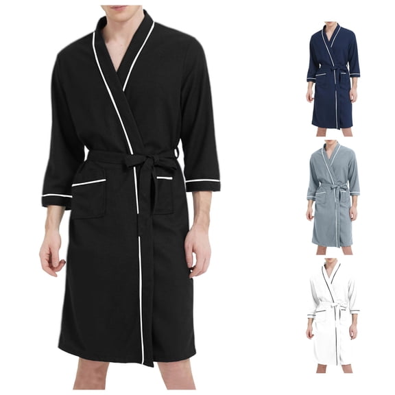 Wxolcjlv Solid Print Bathrobe for Men Three Quarter Sleeve Wrap Sleep Robe Nightwear