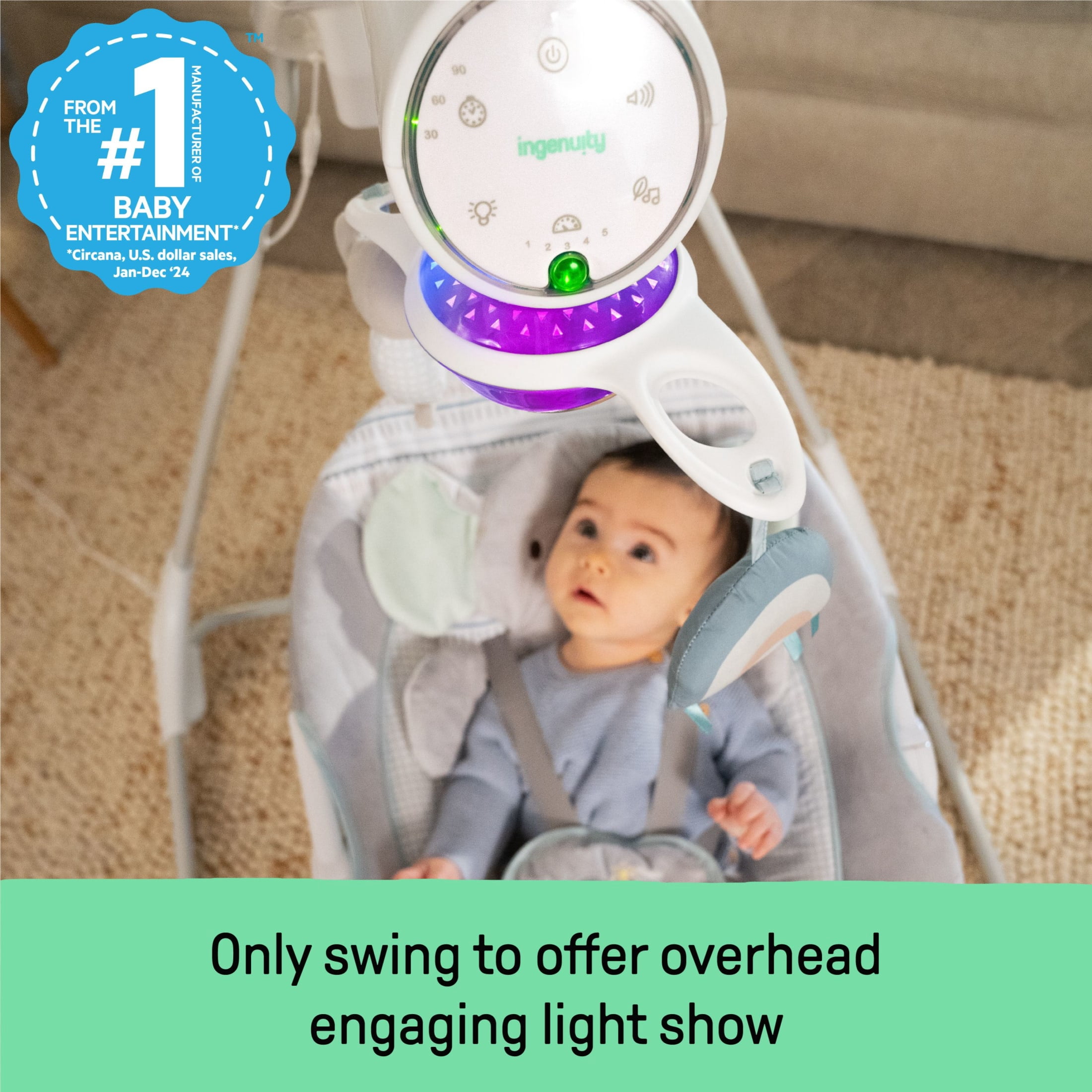 Ingenuity InLighten Baby Swing, Motorized Vibrating, Swivel Infant Seat, Gray