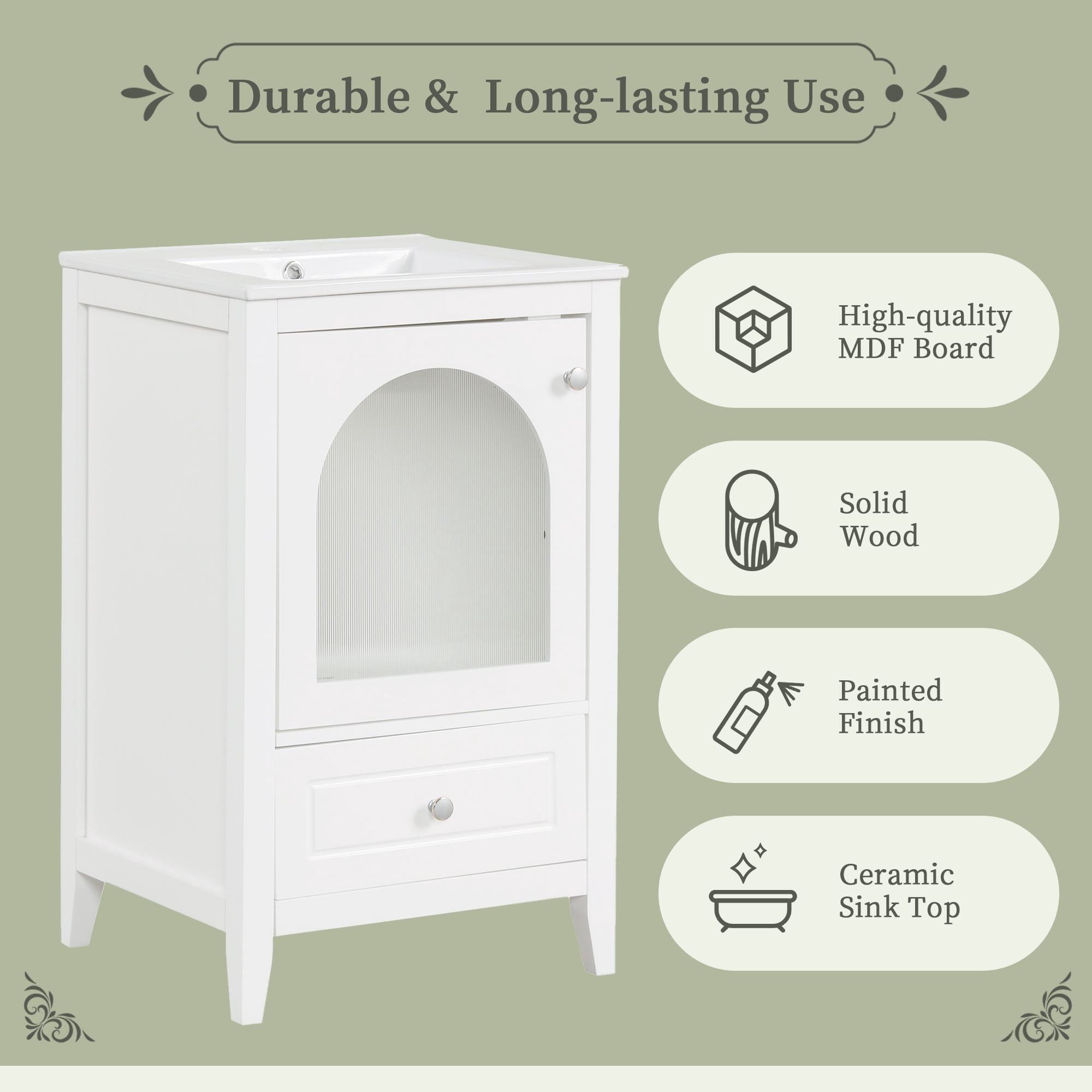 Euroco 24-Inch Bathroom Vanity with Sink – White Freestanding Cabinet with Glass Door, Drawer, Soft-Close Door & Ceramic Basin – Solid Wood Frame
