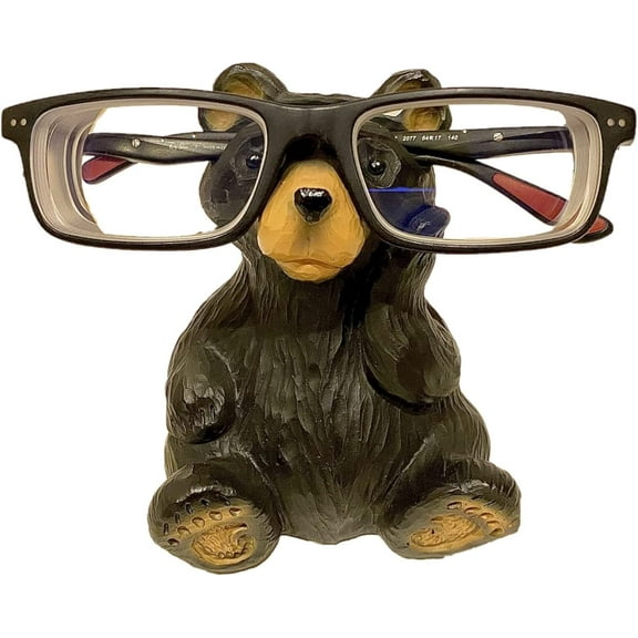Whimsical Sitting Wood Cut Look Hand-Carved Resin Bear Figurine Sculpture Eye glasses Holder Stand Business Card Eyeglasses Keeper Cabin Lodge Rustic Style Decoration