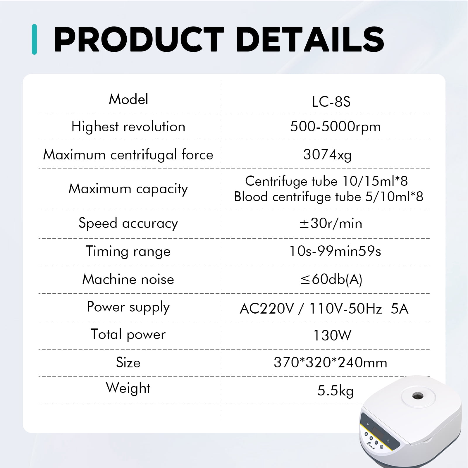 LAB FISH Benchtop Centrifuge - Low Speed 500-5000 RPM, 3074 xg Max, 8-Place Rotor for 2ml 5ml 10ml 15ml Tubes, Ideal for PRP/PRF, Serum Separation, Lab & Clinical Use