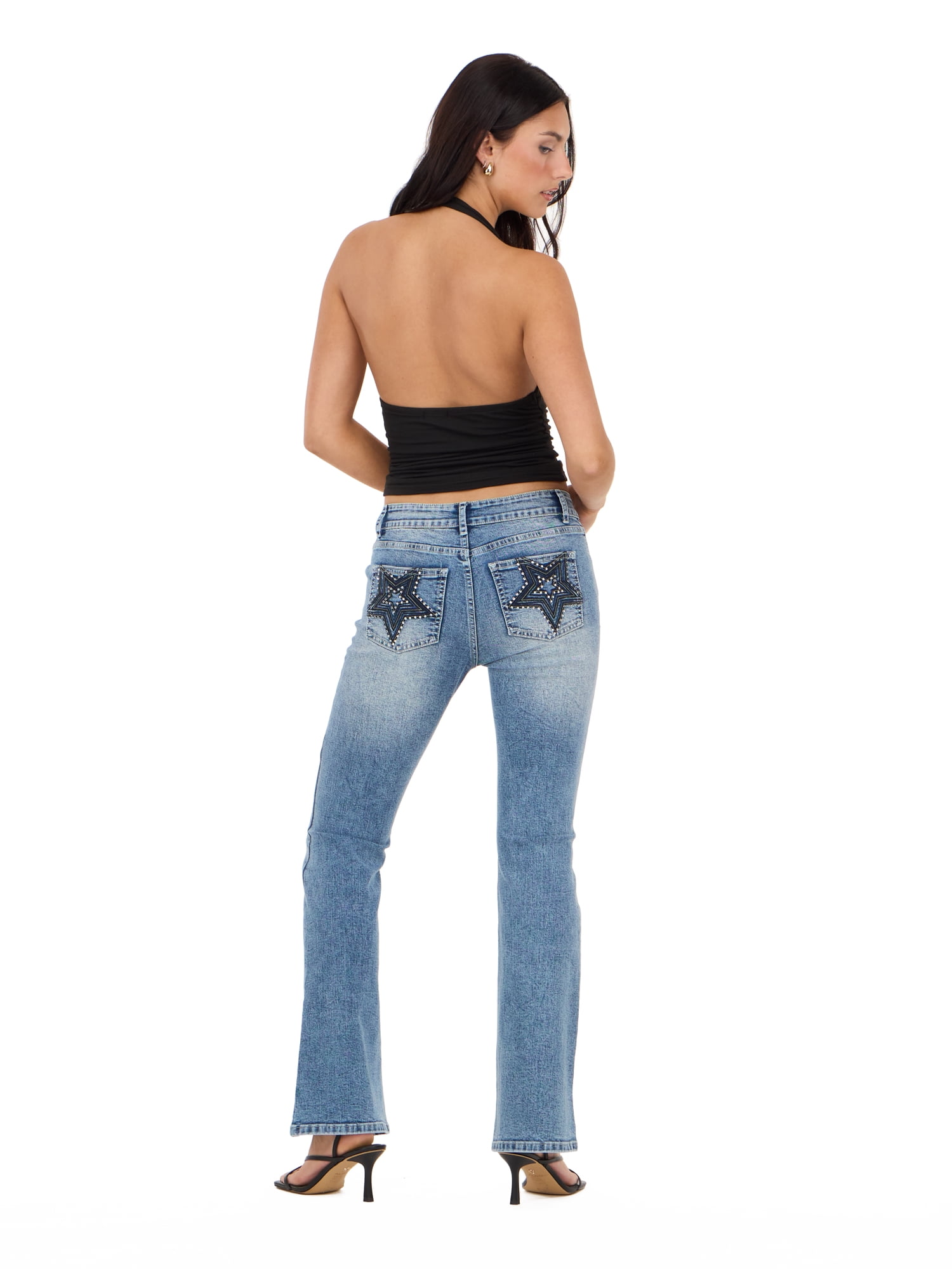 Forever 21 Women's and Women's Plus Mid Rise Bootcut Denim Pants with Rhinestone and Embroidered Back Pockets, Fitted Stretch Jeans, Vintage Wash Casual Style, Blue, 00-4X