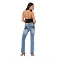 thumbnail image 5 of Forever 21 Women's and Women's Plus Mid Rise Bootcut Denim Pants with Rhinestone and Embroidered Back Pockets, Fitted Stretch Jeans, Vintage Wash Casual Style, Blue, 00-4X, 5 of 6