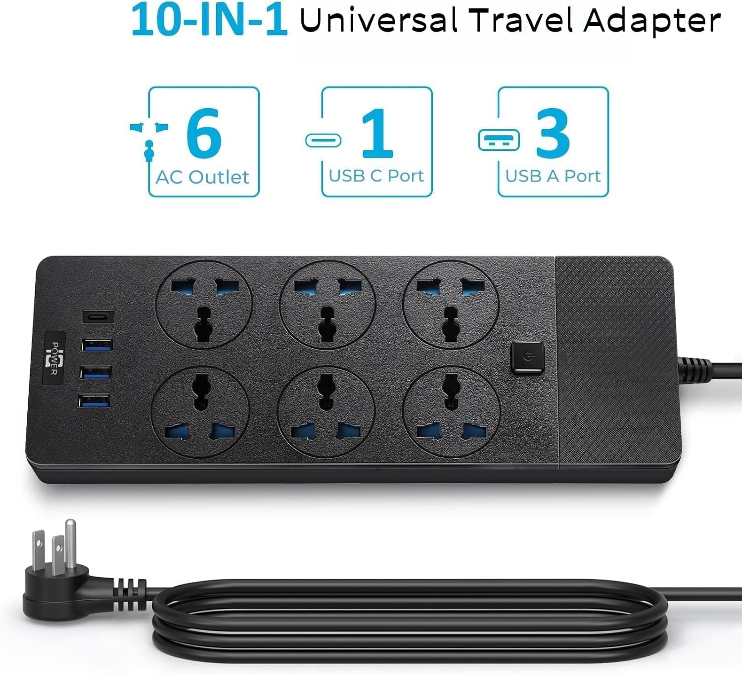 Universal Power Adapter, 3000w trip with 4 USB Ports (1 USB C), 6ft Extension Cord with International Outlets, 110-240v, European Travel Plug Adapter for Home Office Travel, Black