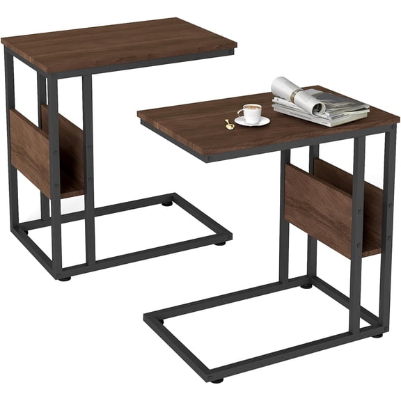 C Shaped End Table, C Shaped Under Couch Slider, Small Wood Under Sofa Sliding Side Table, for Living Room, Bedside, Laptop, Computer, TV Dinner, or Recliner, Walnut