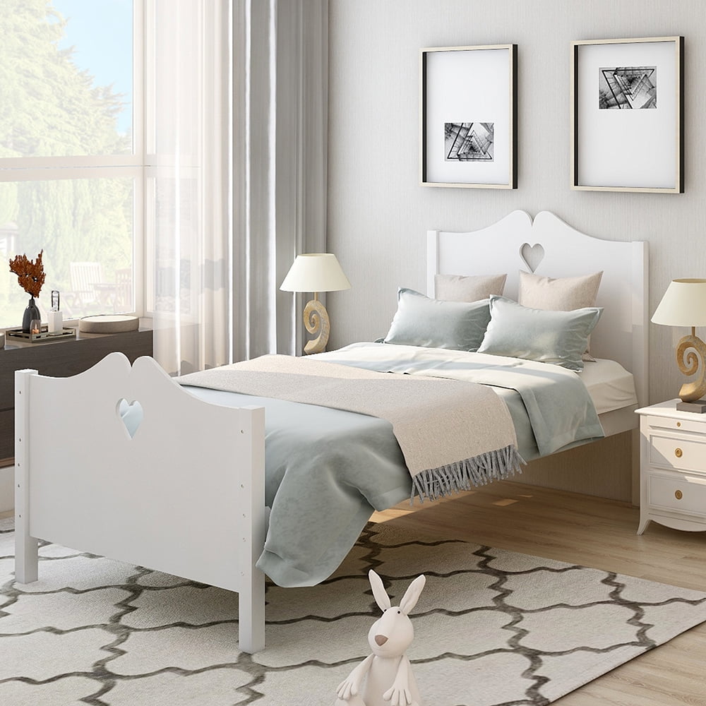 Private Jungle Platform Beds for Teens, Twin Size Bed Frame with Wood Slat Support and Headboard and Footboard, White Private Jungle Platform Beds for Teens, Twin Size Bed Frame with Wood Slat Support and Headboard and Footboard, White
