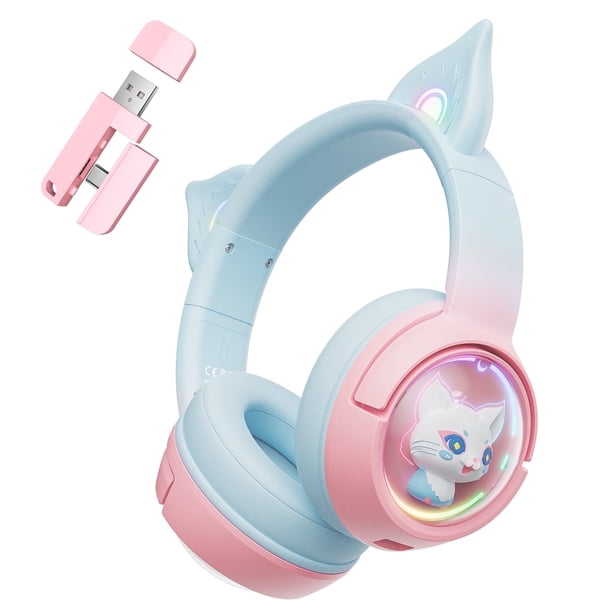 Audífonos Inalámbricos Bluetooth con Oreja de Gato para PS5/PS4/PC/Mac/Switch, Lindos Audífonos para Juegos con Micrófono con Cancelación de Ruido, Sonido Envolvente