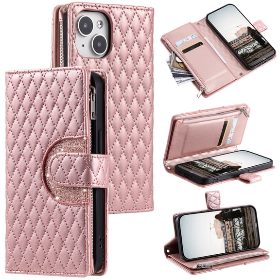 for iPhone 13 Wallet Case with Card Holder & Kickstand & Wrist Strap, Flip Folio Book Style PU Leather Shockproof Protective Phone Cover with Crossbody Strap for iPhone 13, Rosegold