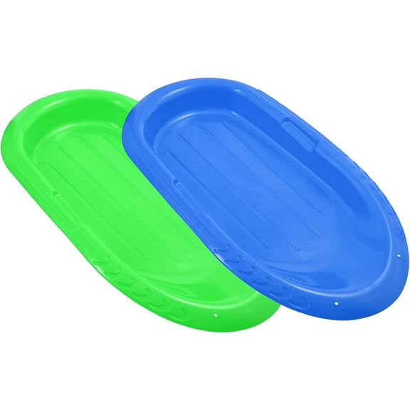 Superio Toboggan Snow Sleds for Kids and Adults, 48" Heavy Duty Plastic Sliders with Handles and Hole for Pull Ropes- Kid and Adult Winter Fun, Blue and Green