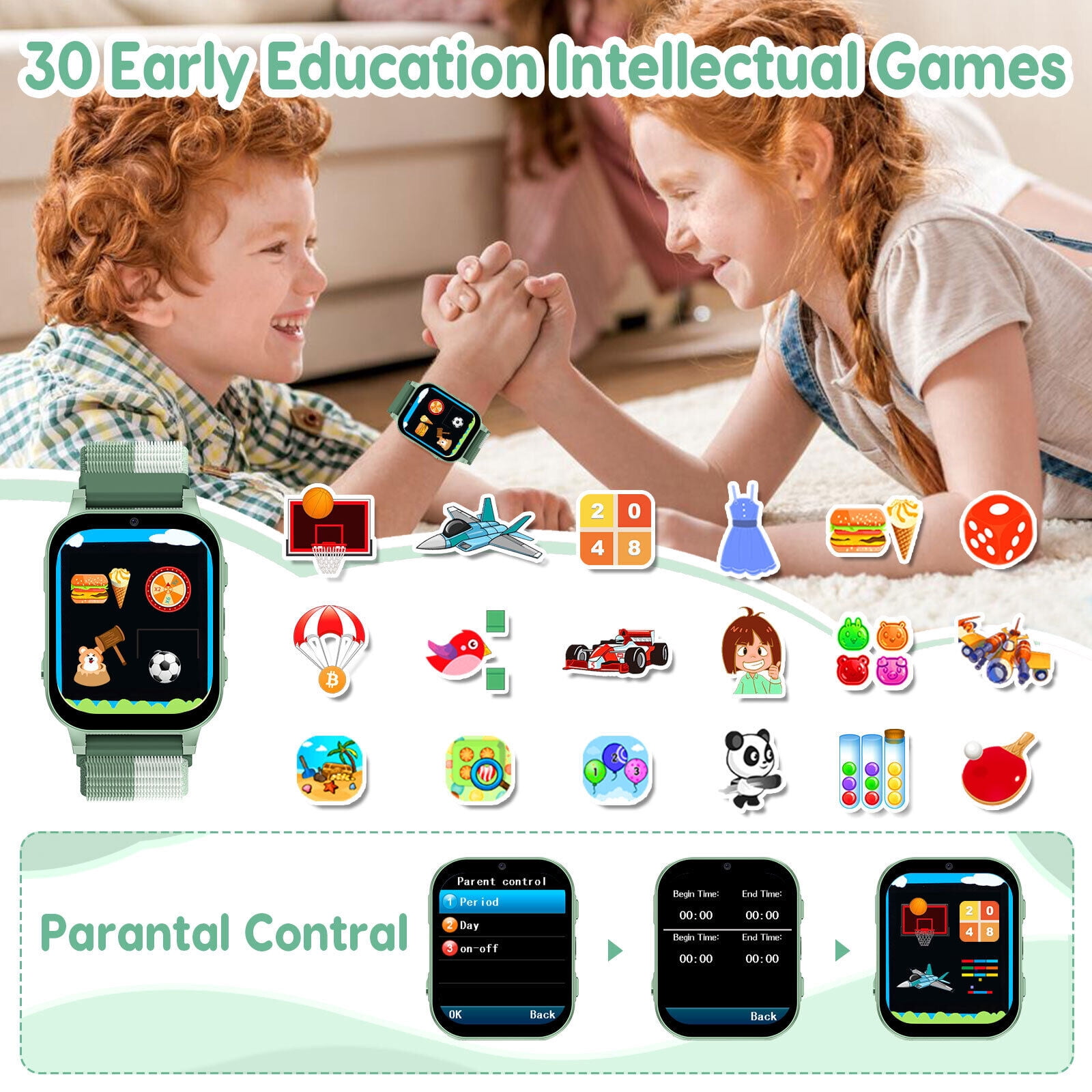 TOPCHANCES Kids Smart Watch for Boys Girls, Touch Screen Smartwatch with 30 Games, 140 Learning Cards, Storytelling, Camera, Video, Music Player, Pedometer (Green)
