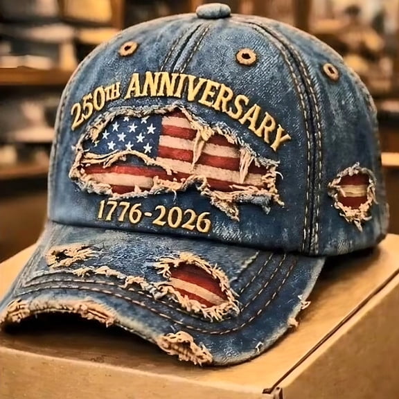 Helii 250th Anniversary Hat Distressed Denim Dad Hat, Patriotic American Flag Baseball Cap 1776-2026, Vintage Washed Unstructured Cap with Metal Buckle Adjustable Blue,One Size
