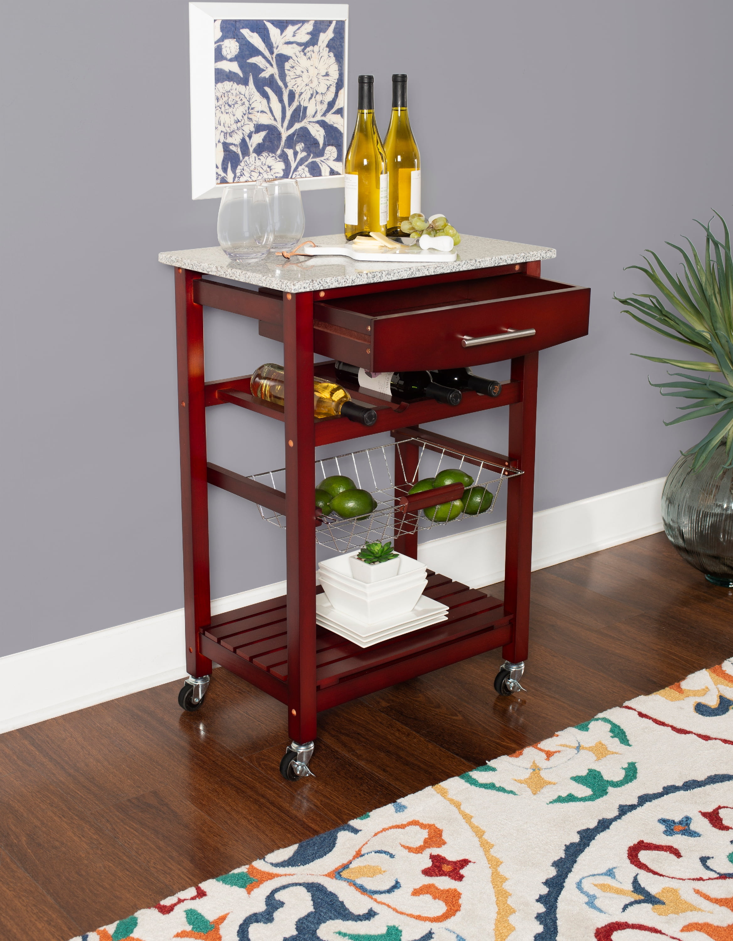 Linon Neyrey Mobile Kitchen Island with Speckled Granite Top, Wenge