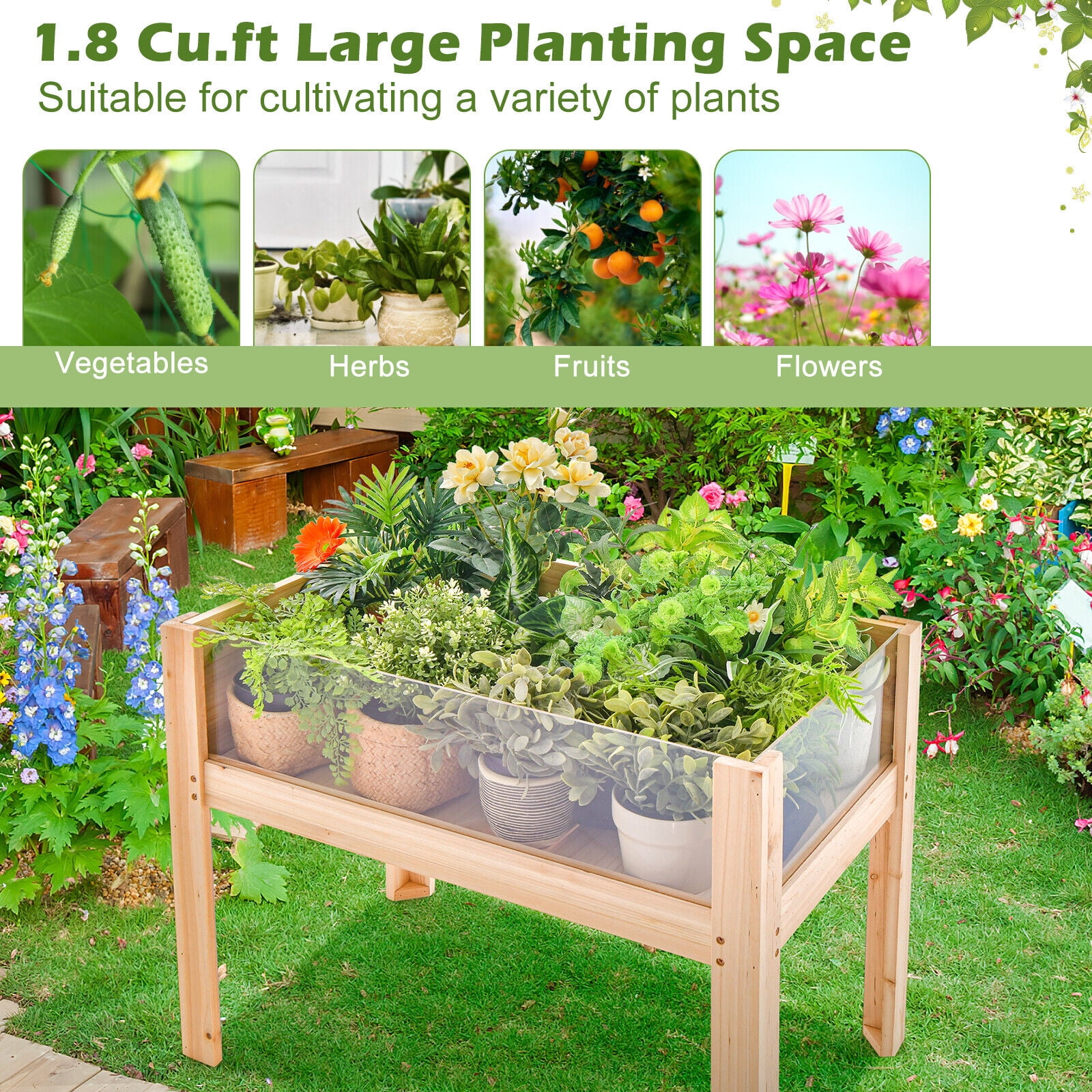 Amijoy Raised Wooden Garden Bed With Legs, 24" Elevated Planter Box With 2 Acrylic Panel Sides, Plant Terrarium With Stand