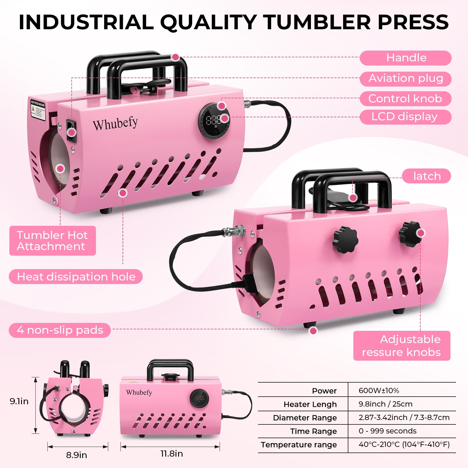 Qhomic Tumbler Heat Press, 30oz Mug Heat Press Machine Sublimation Transfer Straight Skinny Tumblers, Cup Heat Mug Press DIY Mug Cup Heat Transfer, Pink