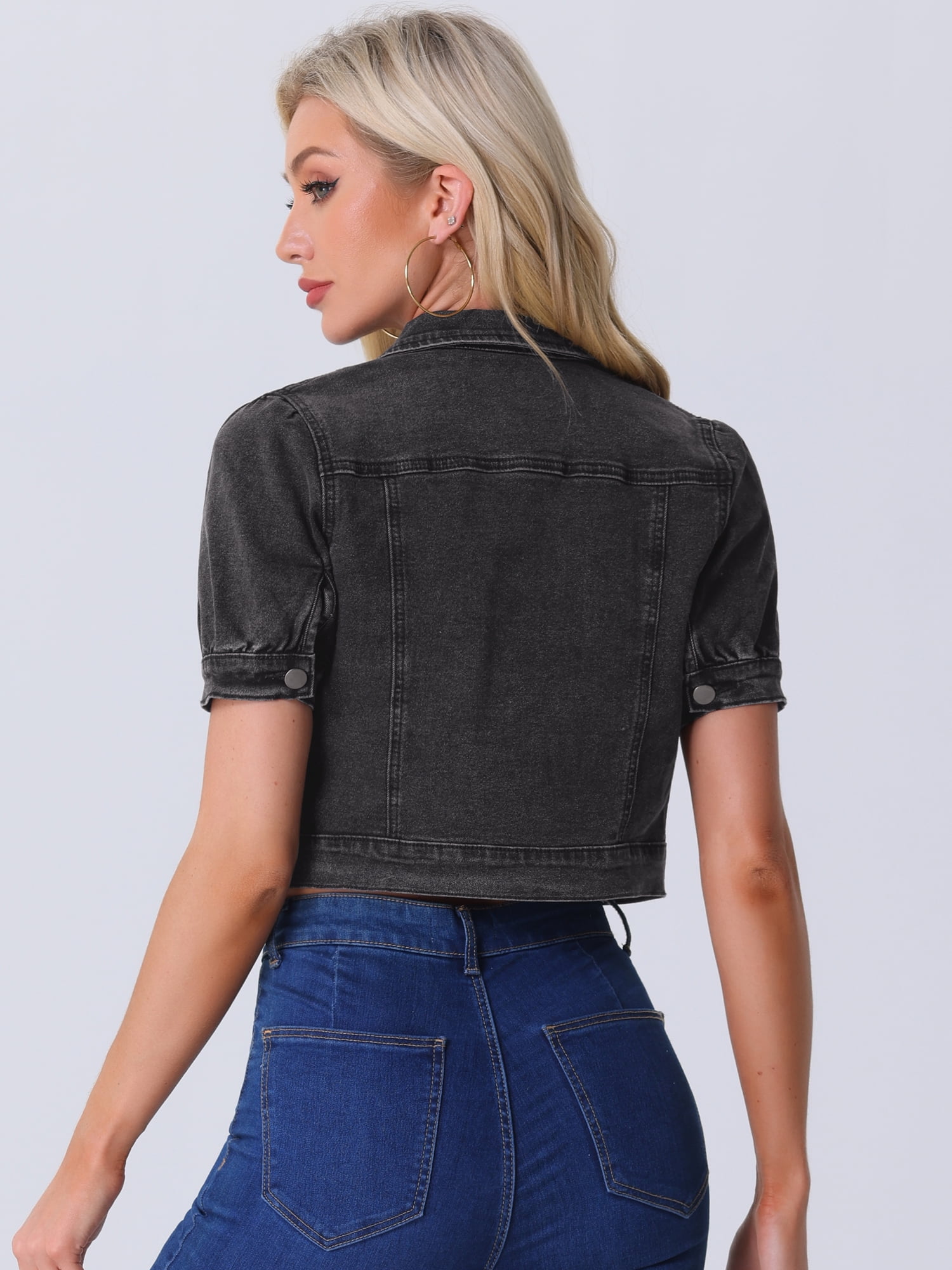 DARING DIVA Women's Cropped Jackets Puff Button Down Washed Denim Jean Jacket XL Dark Gray
