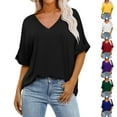 thumbnail image 3 of Womens Work Blouse Dressy Women's Loose Oversized Solid V-neck, Shoulder Length Short Sleeved T-shirt Top, 3 of 7
