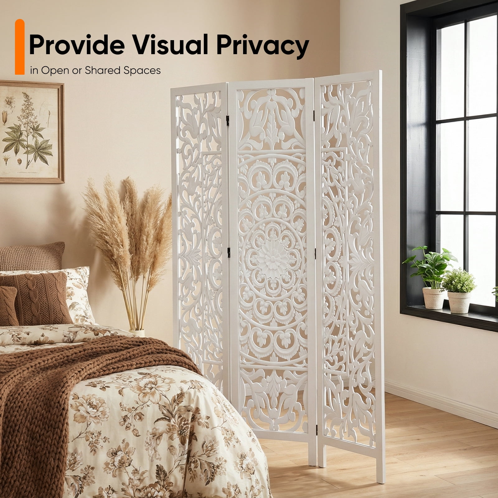 Jostyle 3 Panel Solid Wood Room Divider Privacy Screen - Freestanding Folding Partition with Openwork Design, Paulownia Wood Frame White, No Assembly for Living Room, Bedroom, Office