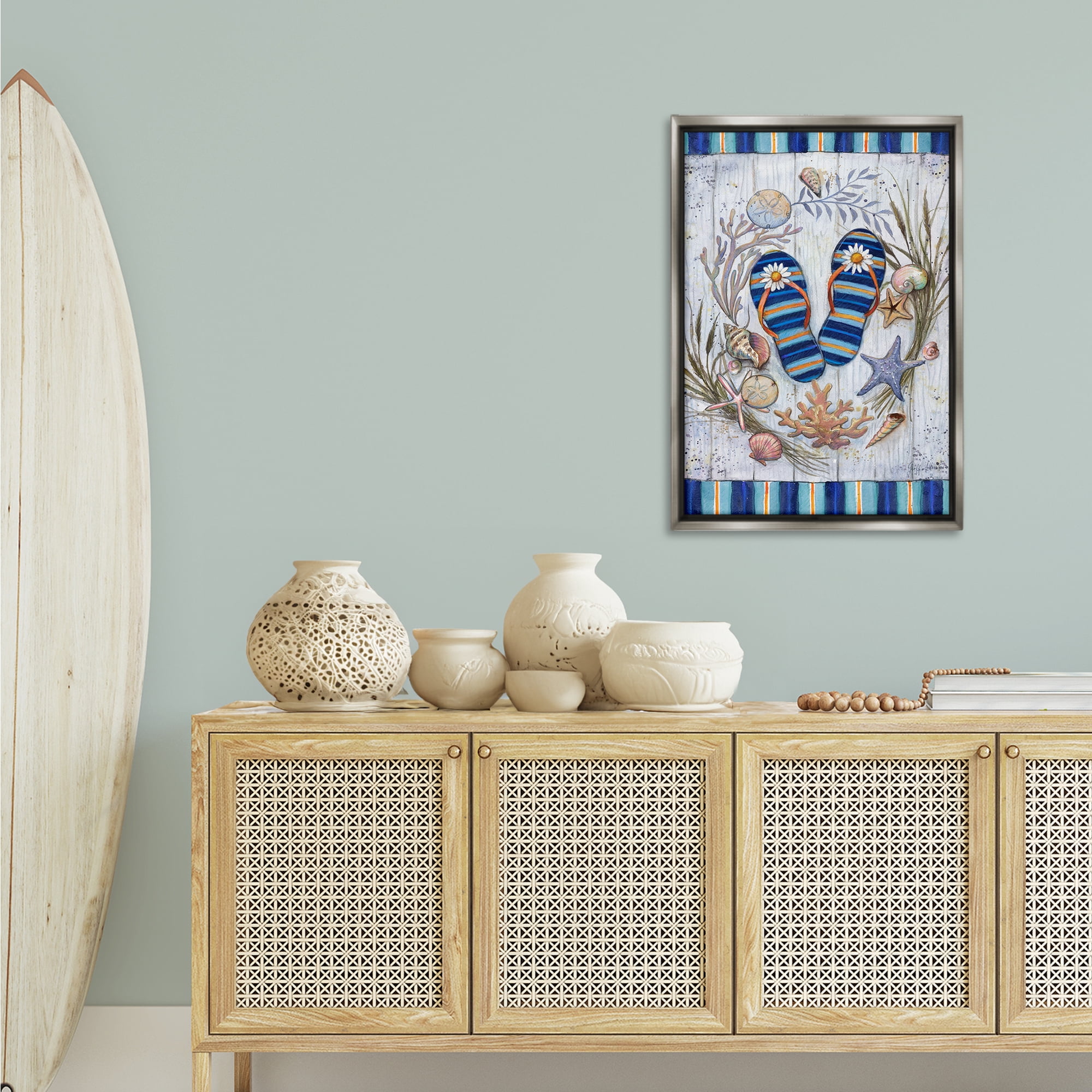 Stupell Industries Coastal Wreath & Flip Flops Nautical & Beach Painting Gray Floater Framed Canvas Art Print Wall Art, 21 x 31