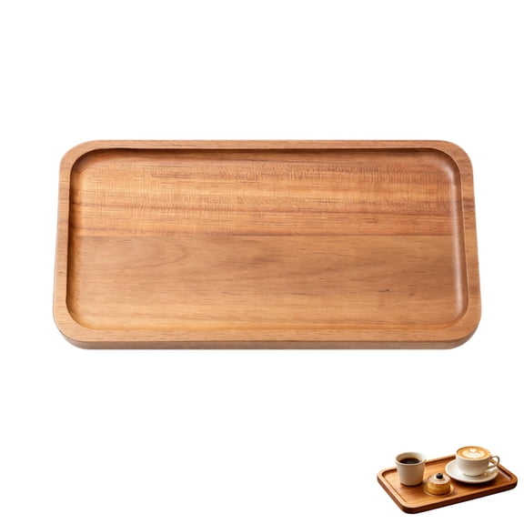 Natural Wood Rectangular Serving Tray, Rounded Edge Wooden Coffee Tea Tray for Home Kitchen Cafe Drinks & Dessert