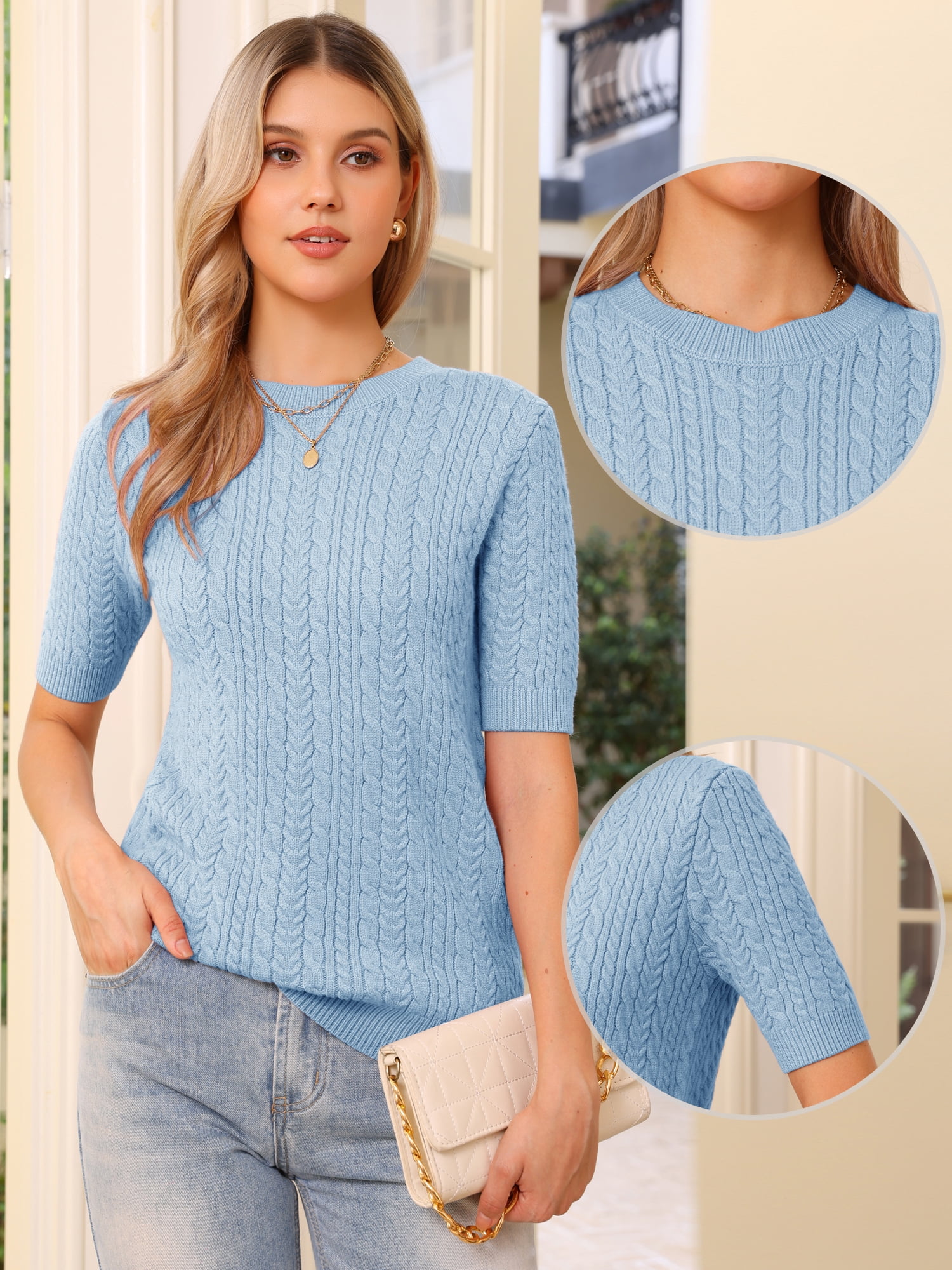 DARING DIVA Women's Lightweight Short Sleeve Sweater S Light Blue