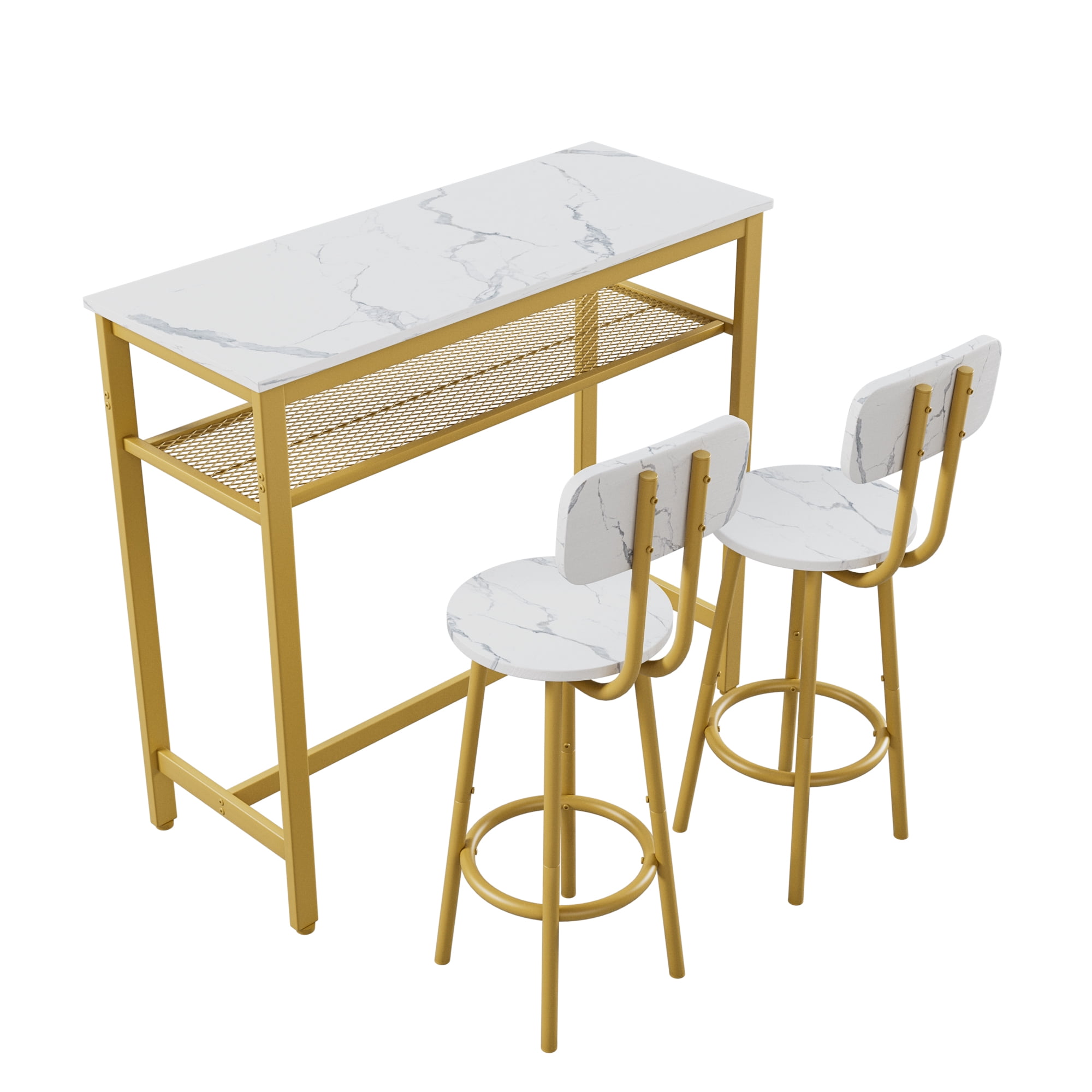3-Piece Bar Table Set,Bistro Kitchen Table Sets with Metal Frame & Storage Rack,Modern Counter Height Table with 2 Stools for Kitchen, Dining Room, Living Room,