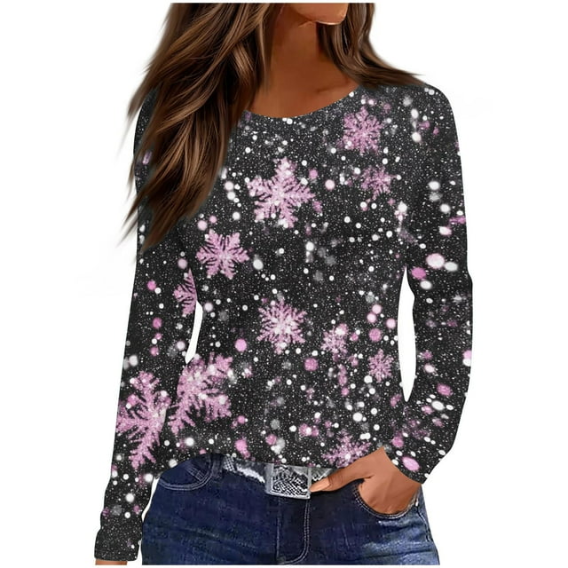 HAiming T-Shirts de Noël pour Femmes Grande Taille Manches Longues Col Rond Tuniques Graphiques de Noël pour Fête